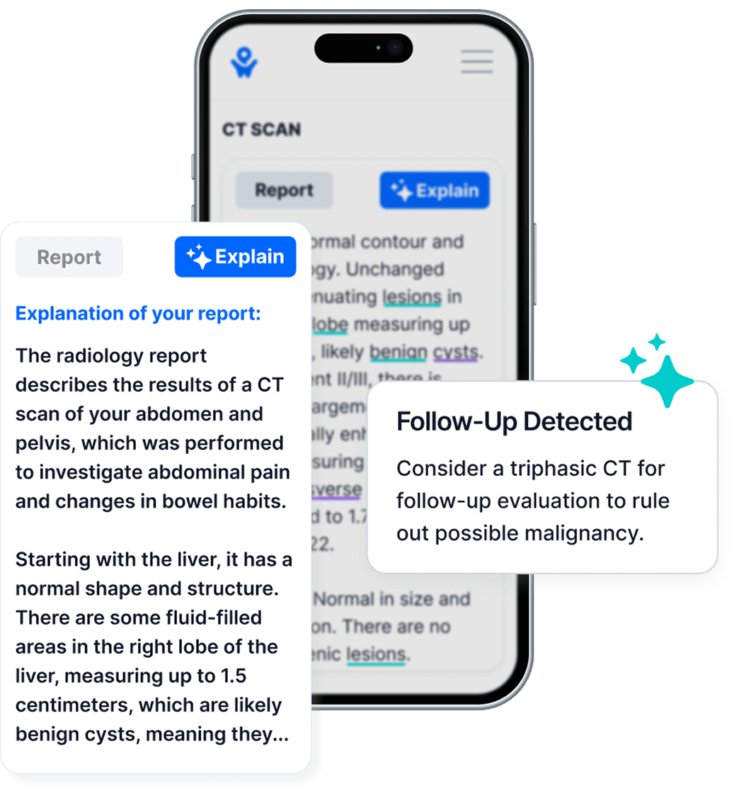 PocketHealth platform shows a CT scan report with two pop-outs showing the report explanation feature and the follow-up feature.