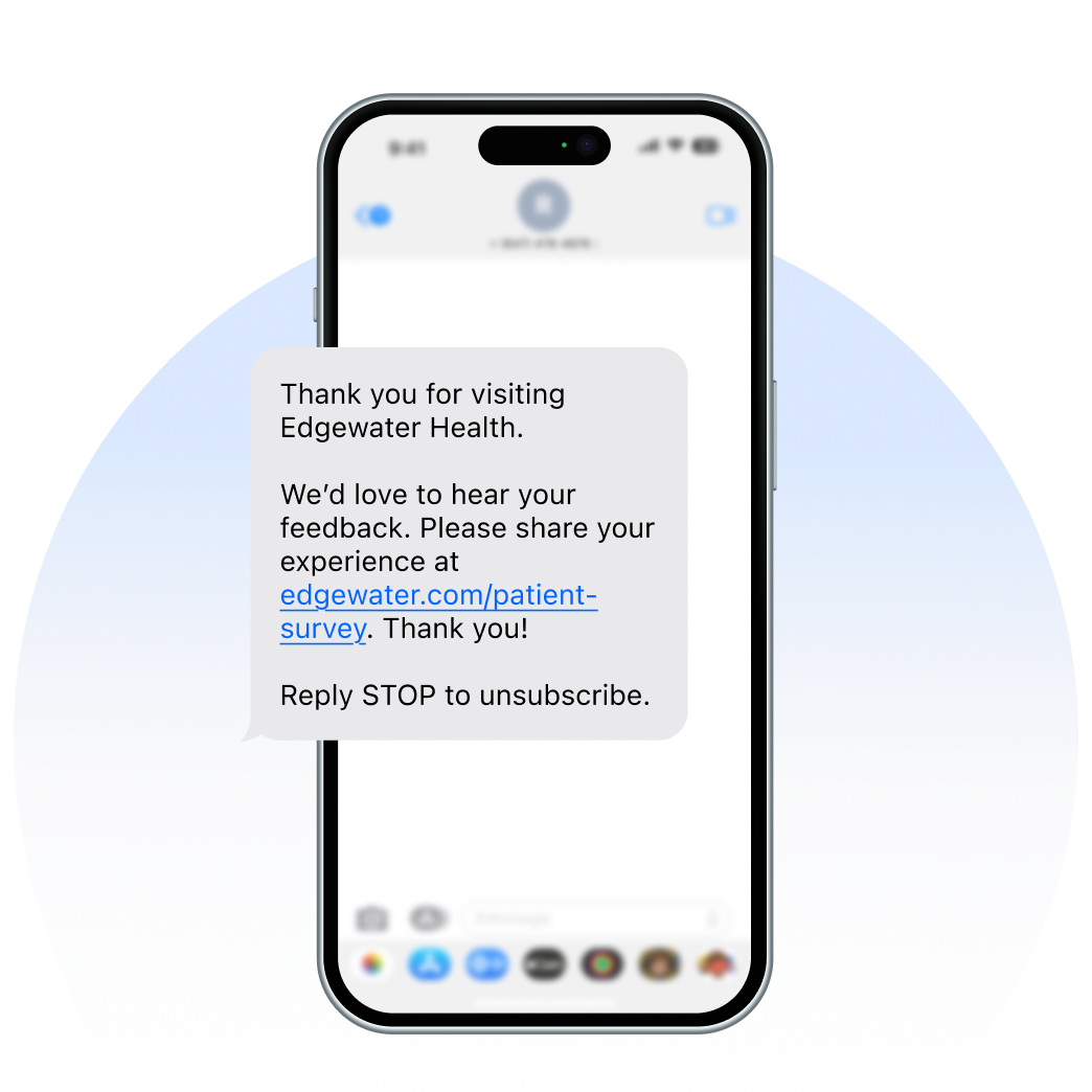 A smartphone screen displays a thank you text message with a link to a feedback survey.