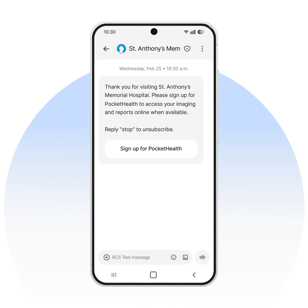 A smartphone screen displays a text message that a patient&rsquo;s appointment has been confirmed.