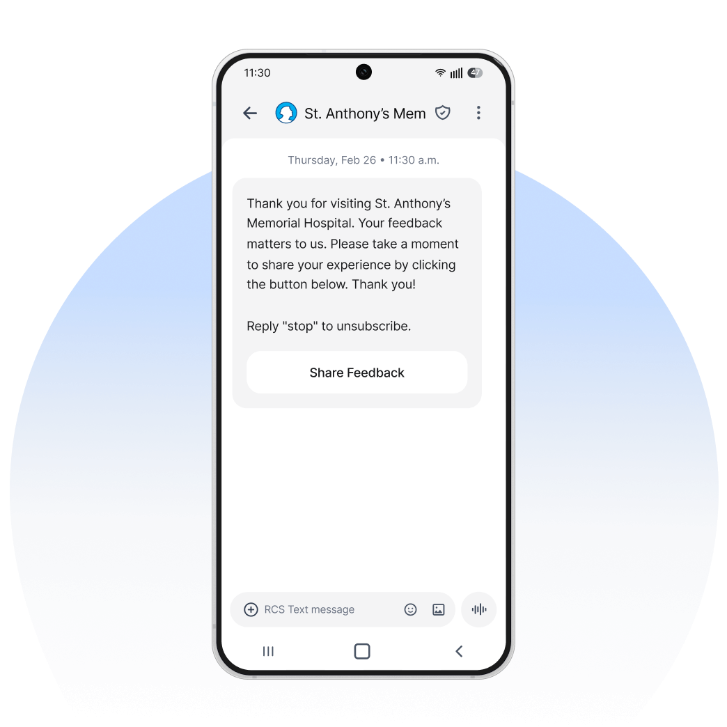 A smartphone screen displays a text message that a patient&rsquo;s appointment has been confirmed.