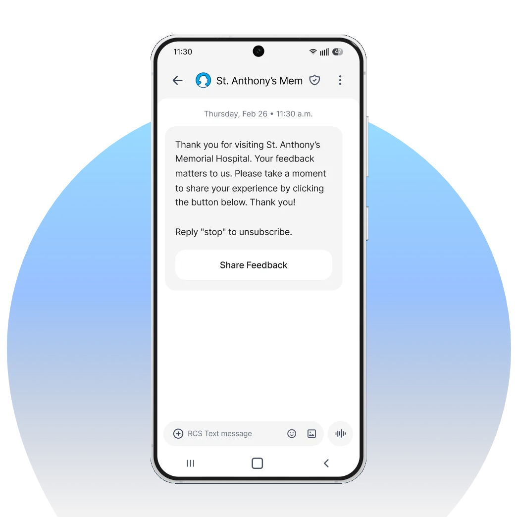 A smartphone screen displays a post-appointment text message asking the patient to share feedback about their visit.