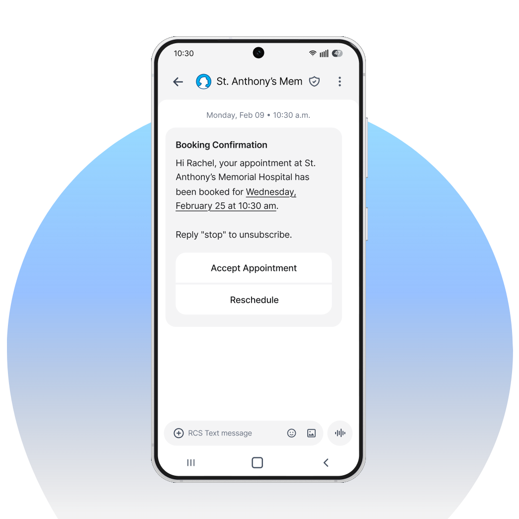 A smartphone screen displays a booking confirmation text message with options to accept the appointment or reschedule.