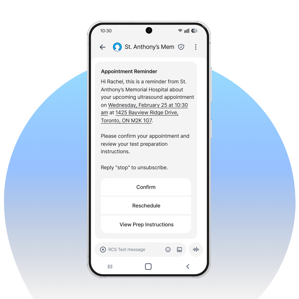A smartphone screen displays an appointment reminder text message with options to confirm, reschedule or view prep instructions.