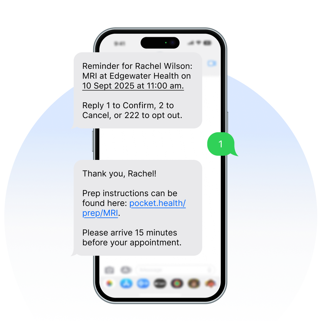A smartphone screen displays two text messages: An appointment reminder and a thank you with a link to prep instructions