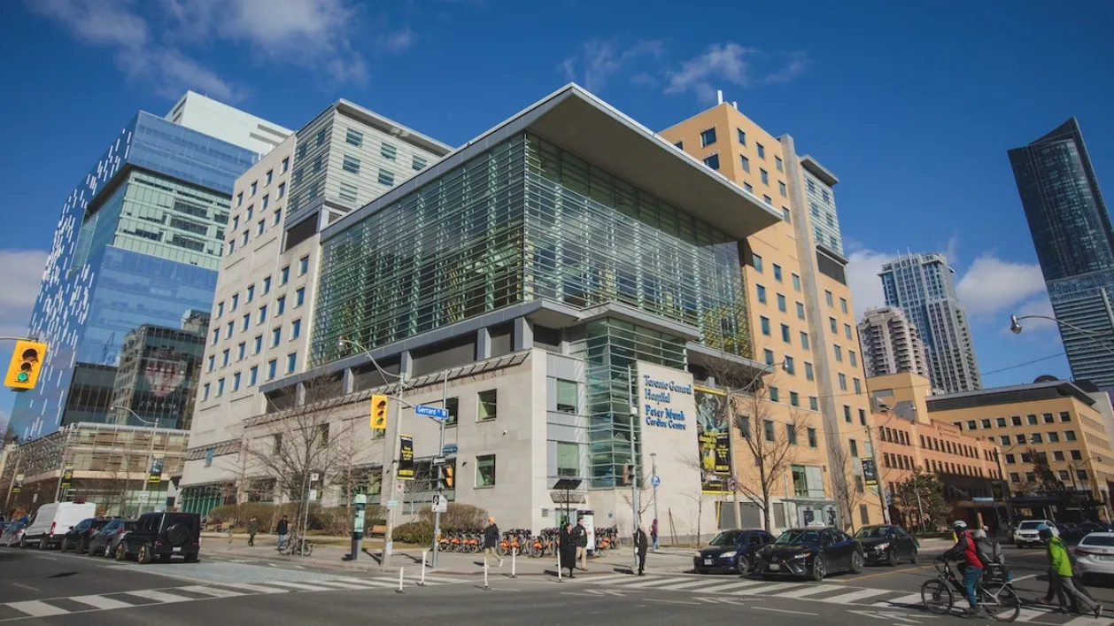 Toronto General Hospital and the Peter Munk Cardiac Centre seen from the street corner on a clear day