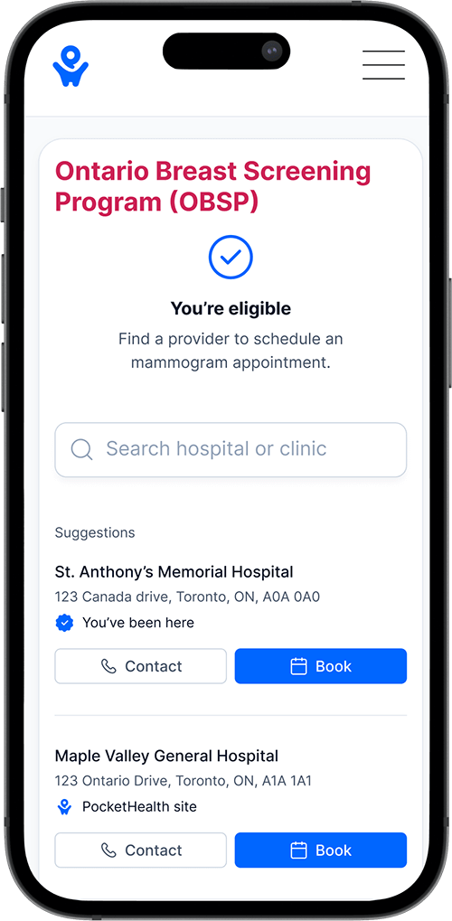Smartphone screen showing Ontario Breast Screening Program (OBSP) with a you're eligible notification and a checkmark.