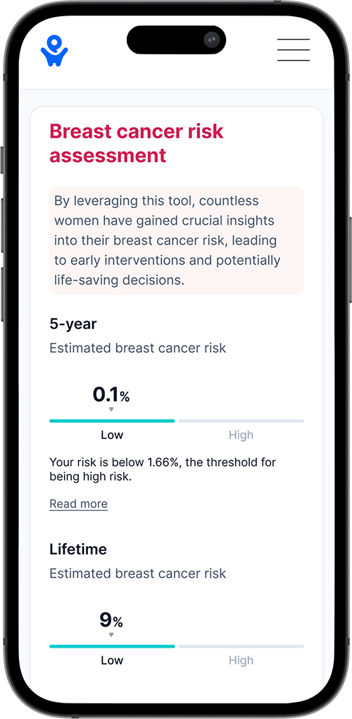Smartphone showing PocketHealth's Breast Cancer Risk Assessment functionality.
