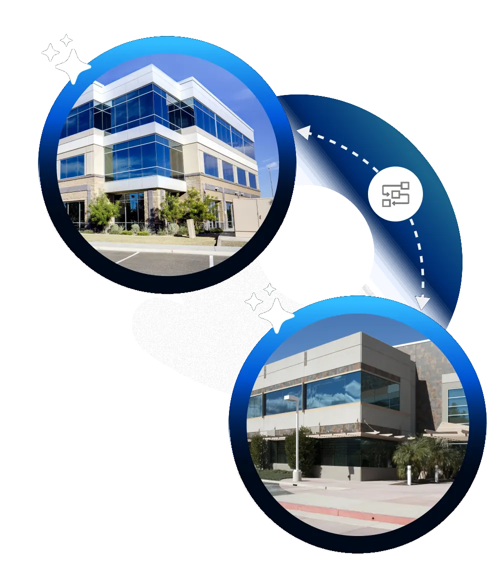 Two imaging site buildings connected by a dashed loop around a workflow icon, showing the same automations running at both sites.