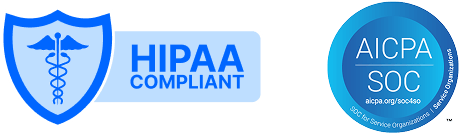 Badges showing compliance with HIPAA, AICPA SOC for service organizations, and PHIPA & PIPEDA regulations