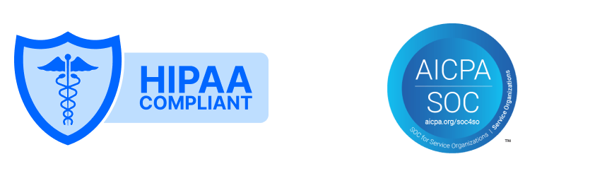 Badges showing compliance with HIPAA, AICPA SOC for service organizations, and PHIPA & PIPEDA regulations