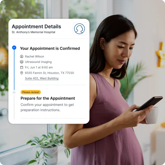 A confirmed appointment details card with date, location and preparation steps, over a photo of a woman reading her phone