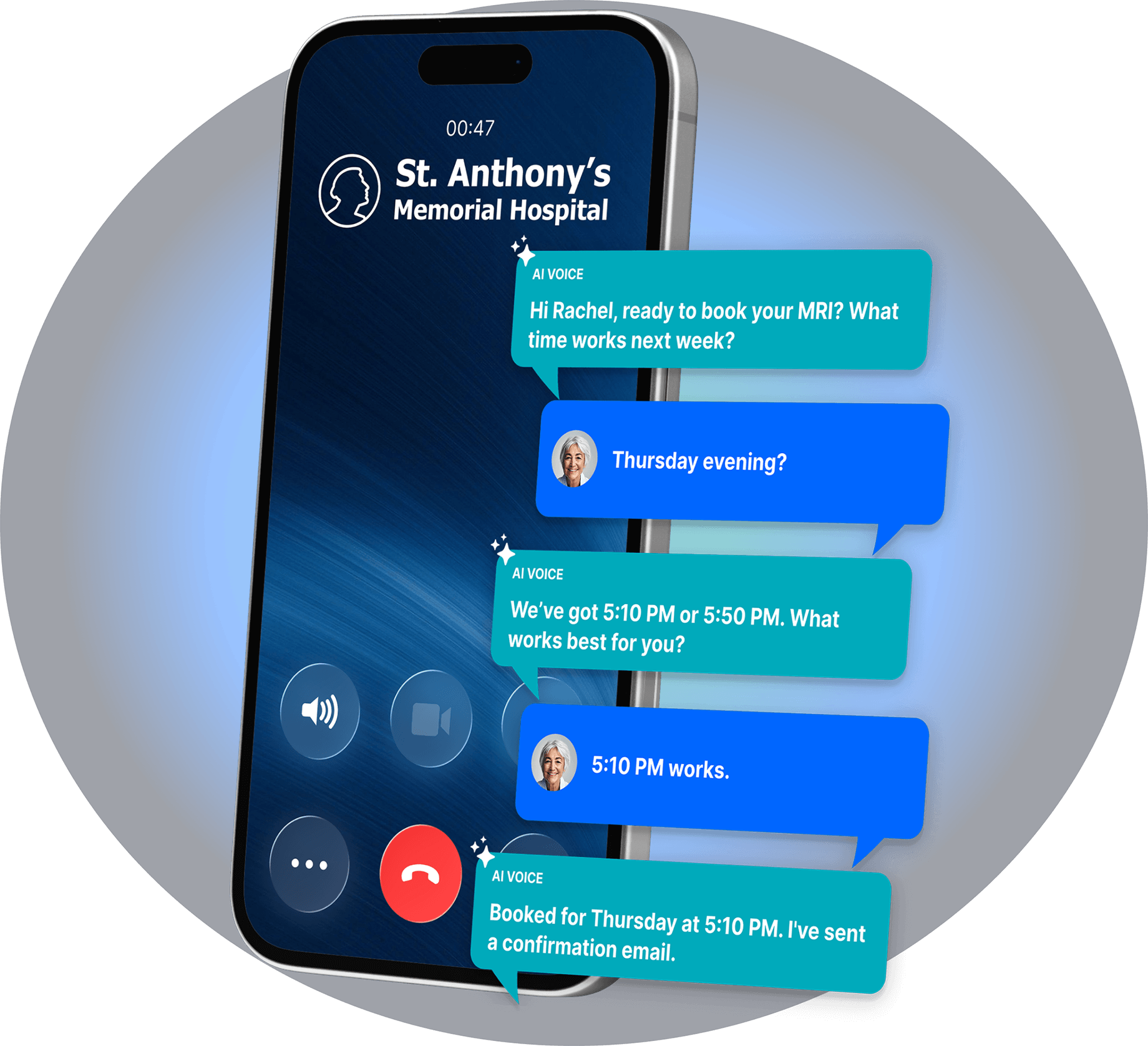 A smartphone displays call with St. Anthony’s Memorial Hospital. Speech bubbles show the booking conversation between the patient and AI voice agent.