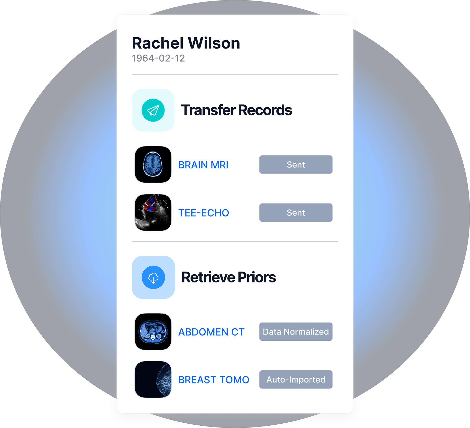 Screenshot of the PocketHealth platform showing a patient’s record with two lists: Transfer Records and Retrieve Priors.