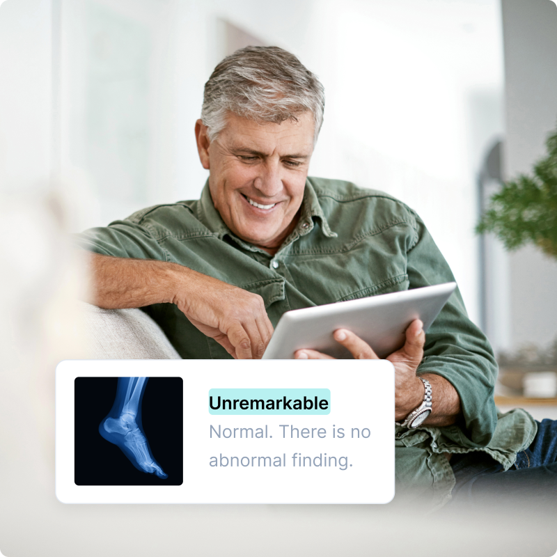 Smiling older man in a casual green shirt looks at a tablet. A small X-ray image labeled ‘Unremarkable’ is shown, indicating normal findings.