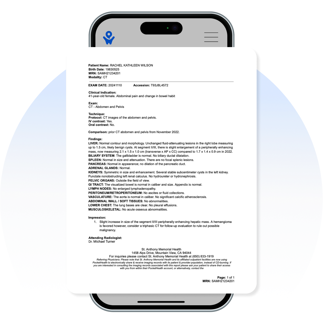 Smartphone shows an imaging report popping out of the screen.