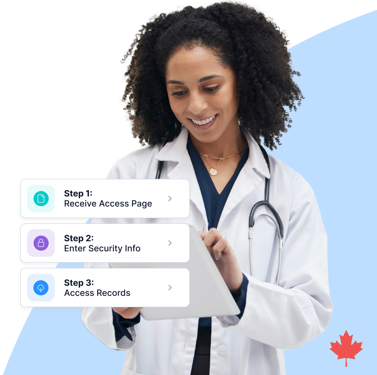 Physician uses a tablet with an overlay of the three-step process to access patient imaging records in PocketHealth.