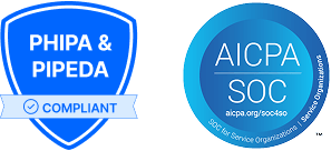 Badges showing compliance with HIPAA, AICPA SOC for service organizations, and PHIPA & PIPEDA regulations