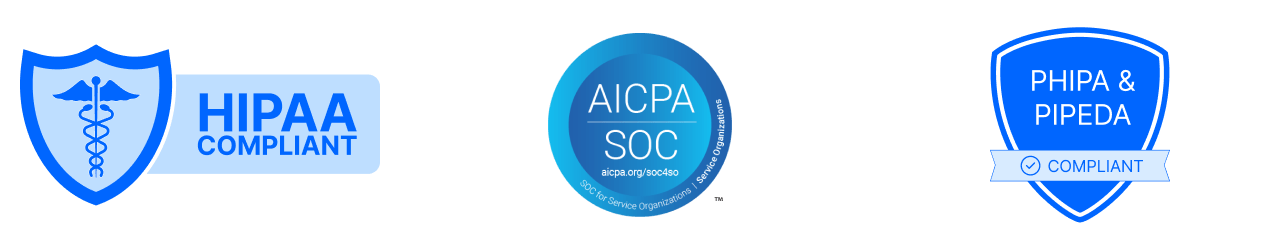 Badges showing compliance with HIPAA, AICPA SOC for service organizations, and PHIPA & PIPEDA regulations