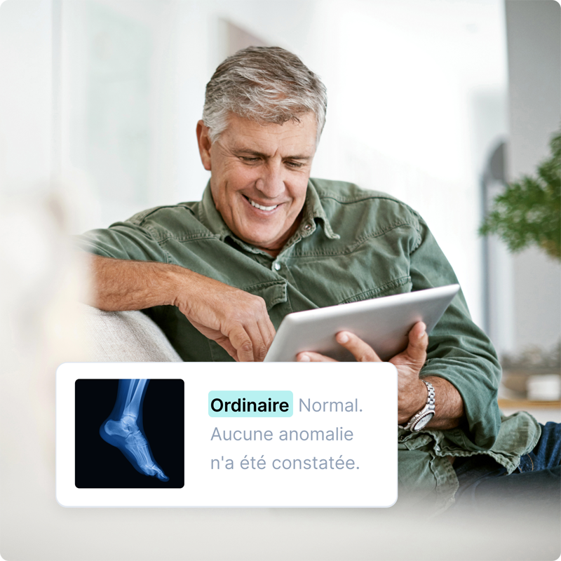 Smiling older man in a casual green shirt looks at a tablet. A small X-ray image labeled ‘Unremarkable’ is shown, indicating normal findings.