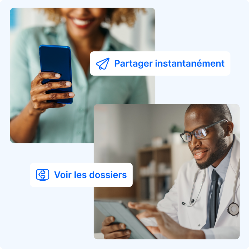 Split image: on the left, a smiling woman holds a smartphone with the text ‘Share Instantly.’ On the right, a doctor in a white coat looks at a tablet, labeled ‘View Records.