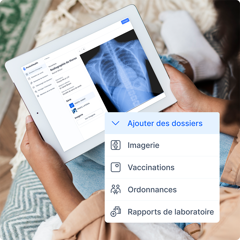 Over-the-shoulder view of a person sitting with a tablet in their lap, displaying a chest X-ray and a MyCare Navigator screen offering follow-up instructions and health screening suggestions.