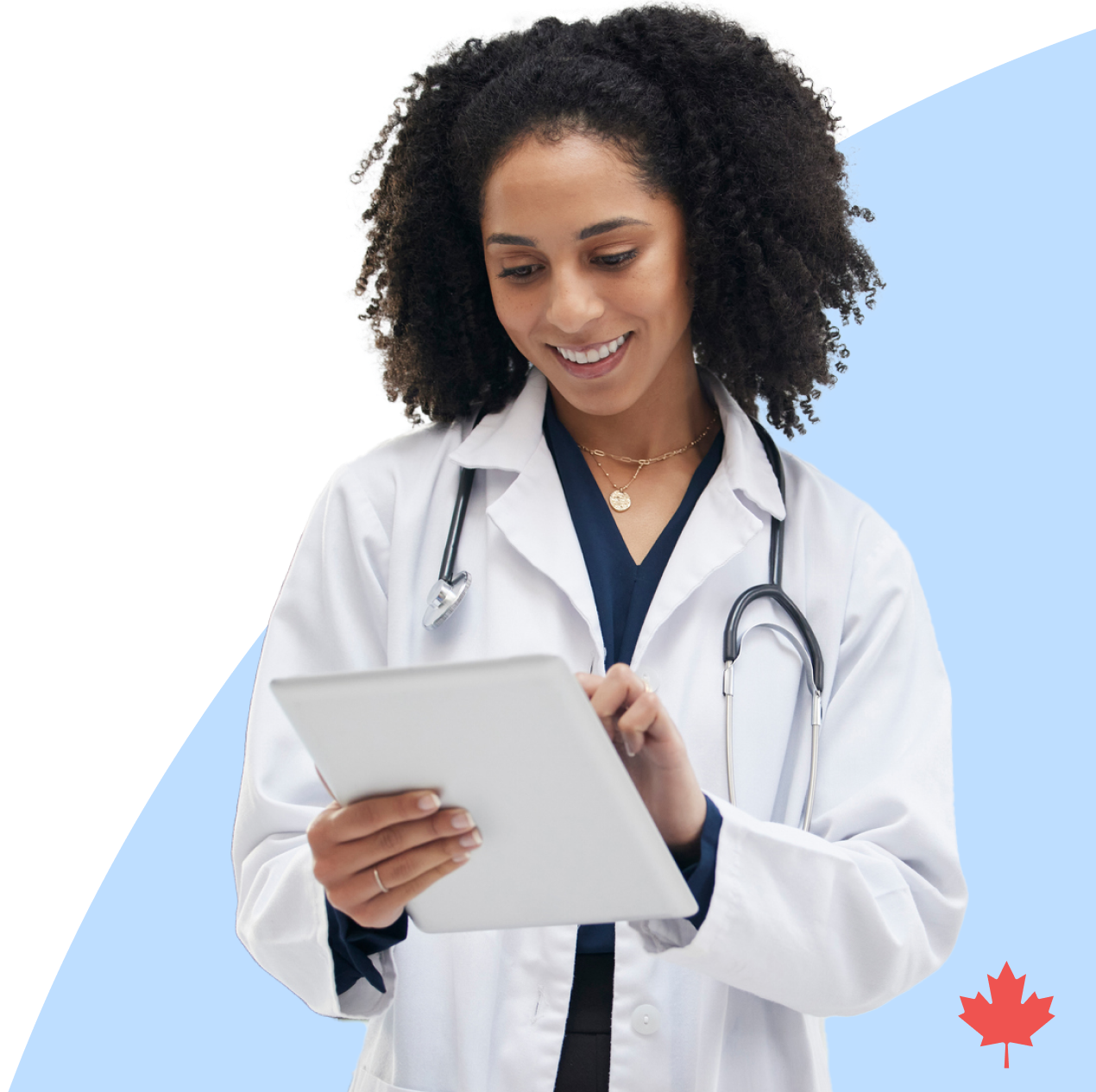 Physician uses a tablet with an overlay of the three-step process to access patient imaging records in PocketHealth.