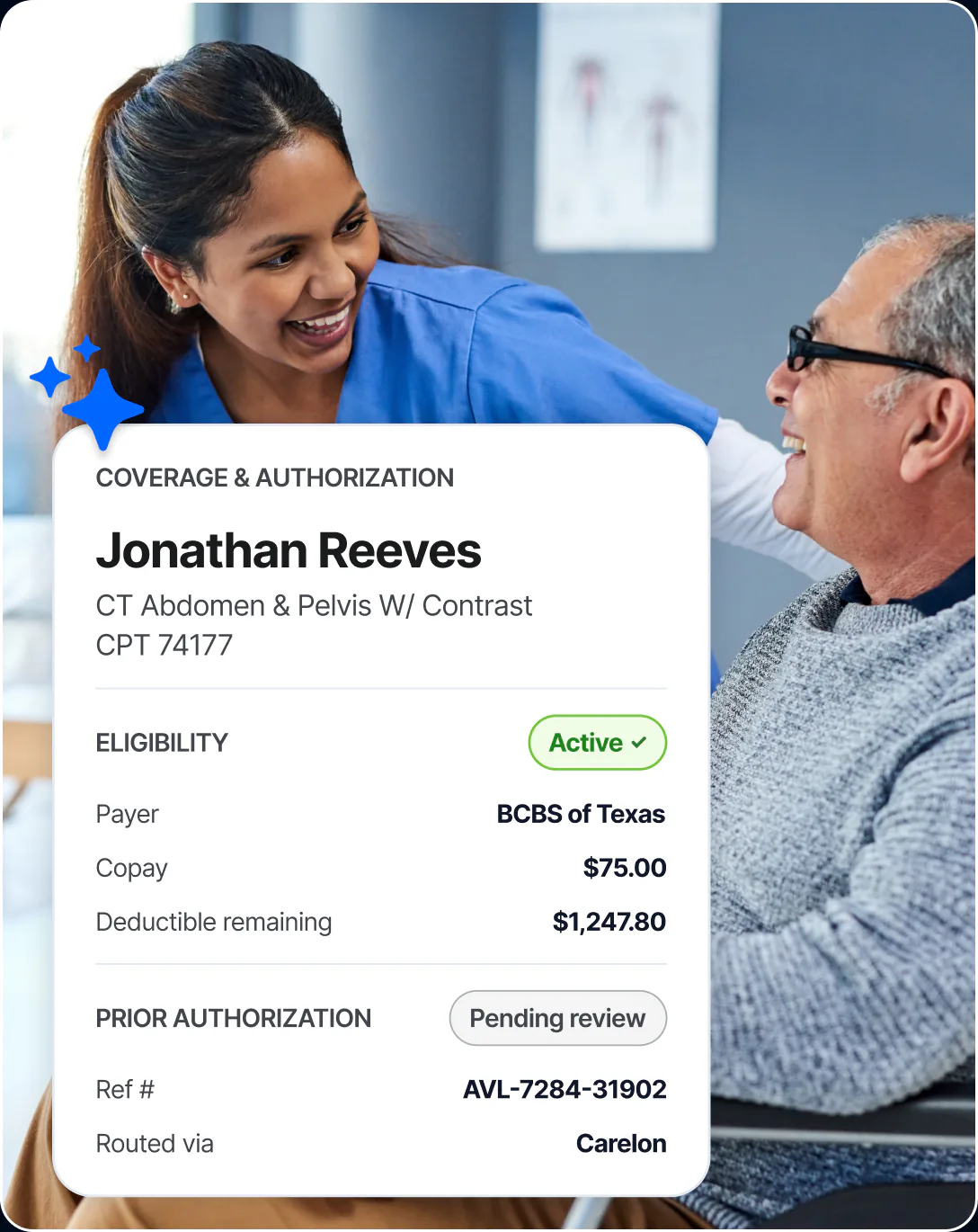 Coverage and authorization card showing a patient's CT abdomen and pelvis order with active eligibility, payer, copay and deductible details, and a pending prior authorization.