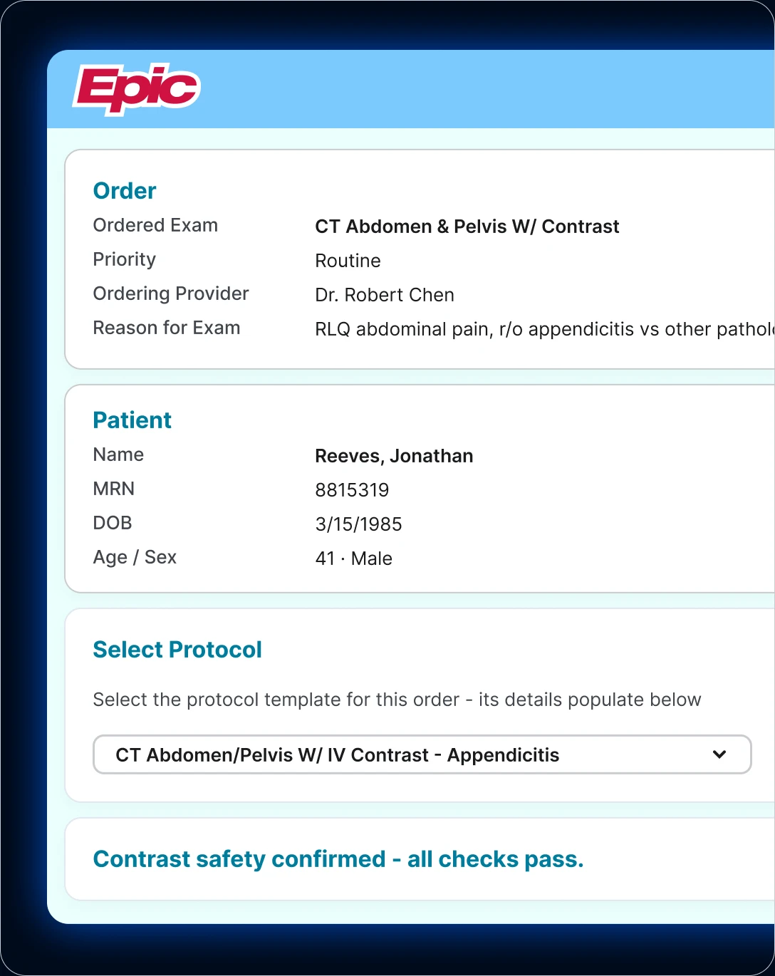 Protocolling interface showing a CT abdomen and pelvis order with patient details, a selected protocol template and confirmed contrast safety checks.
