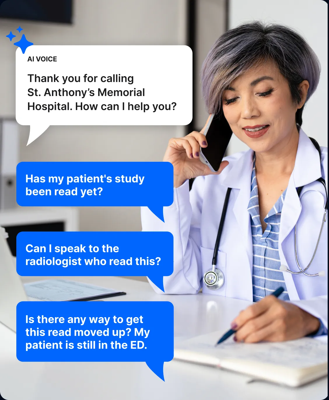 A referring physician on the phone with an AI voice assistant that answers the reading room line, alongside caller questions about study status and prioritizing a read.