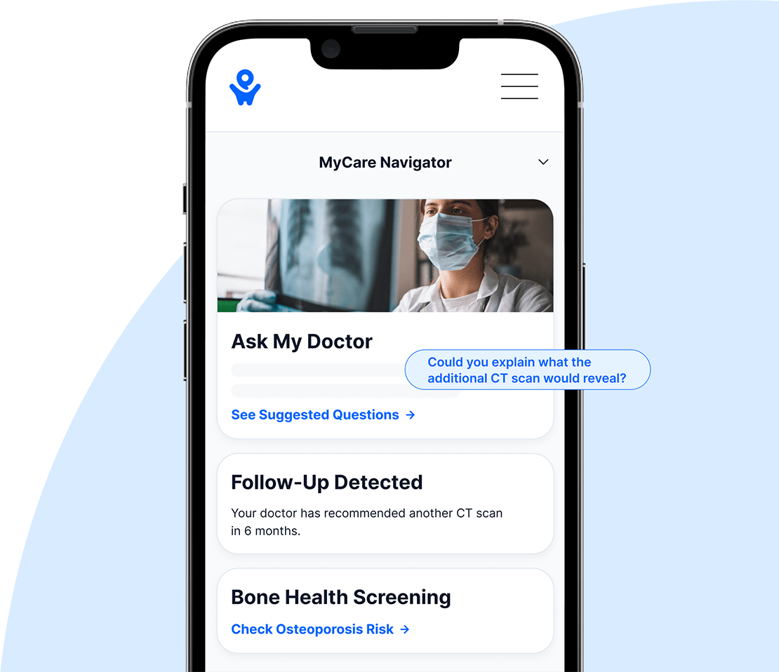 PocketHealth's MyCare Navigator features highlighted on a phone