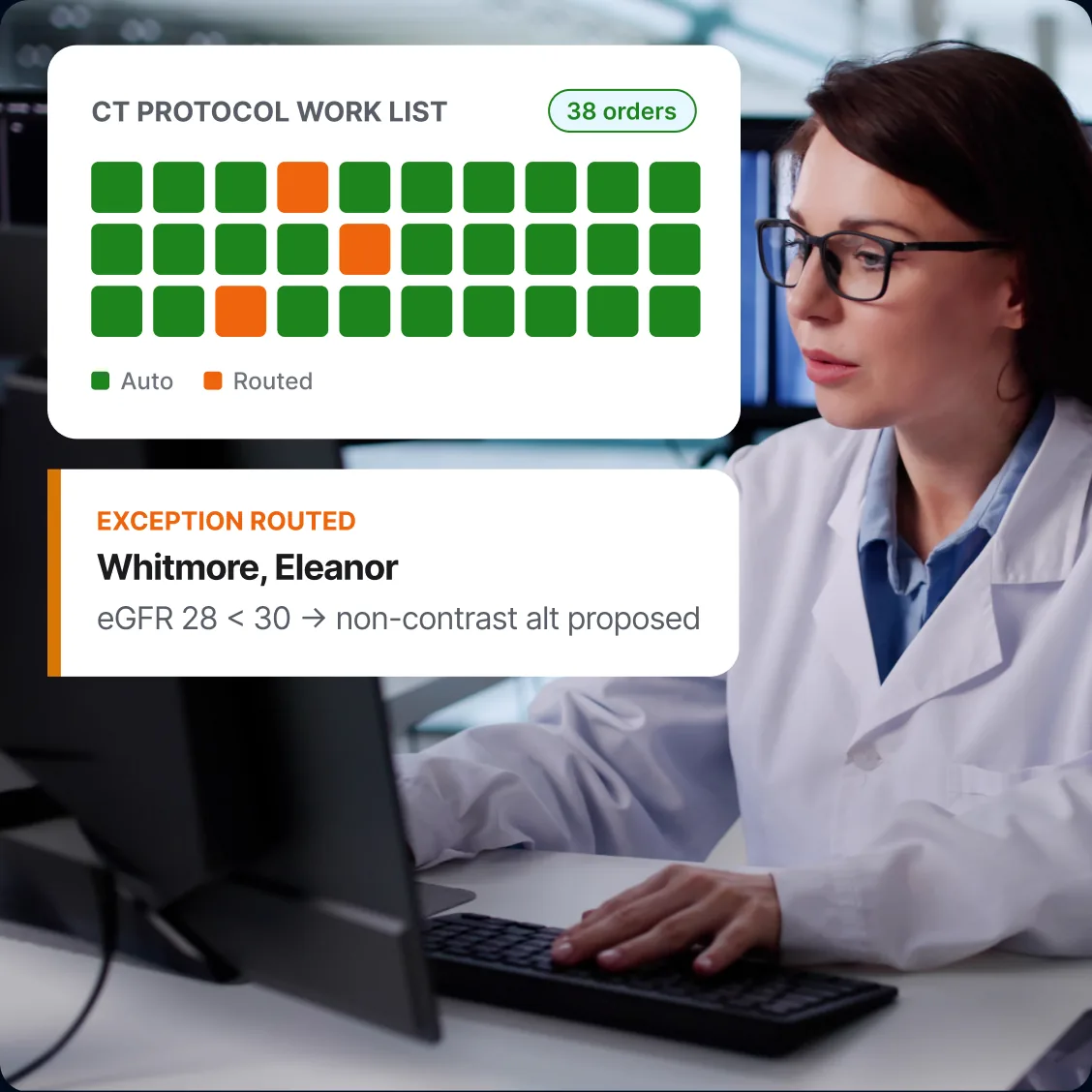 A radiologist reviews scans at a workstation, alongside a CT protocol work list showing automated and exception-routed orders.