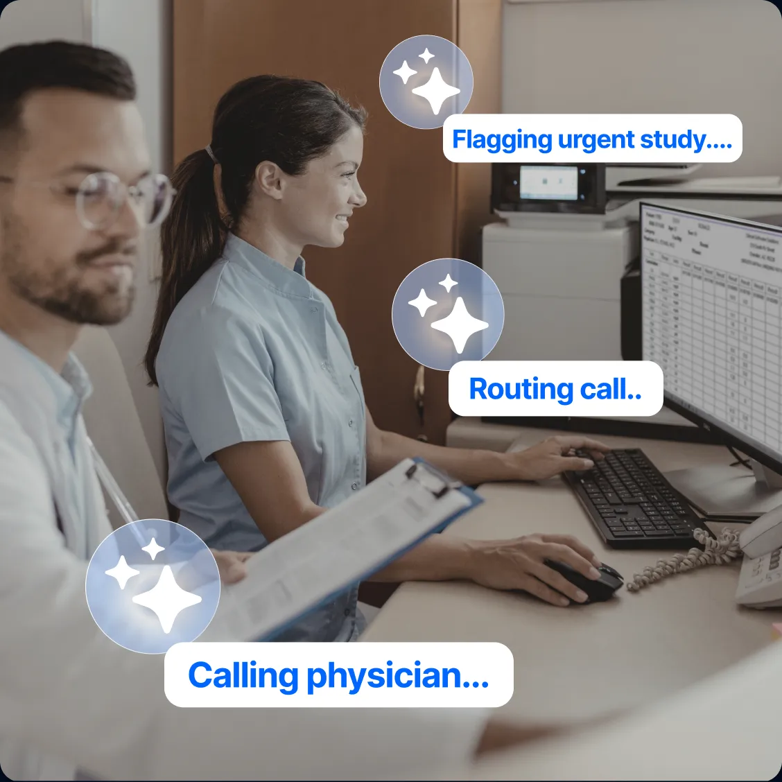 Reading room staff work at a radiology workstation while AI assistant notifications show an urgent study being flagged, a call being routed and a physician being called.