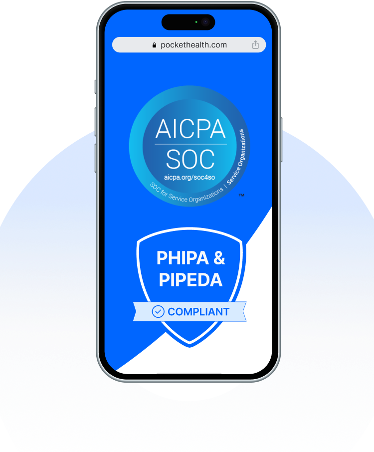 A smartphone screen displays an AICPA SOC logo above a PHIPA and PIPEDA compliant logo.