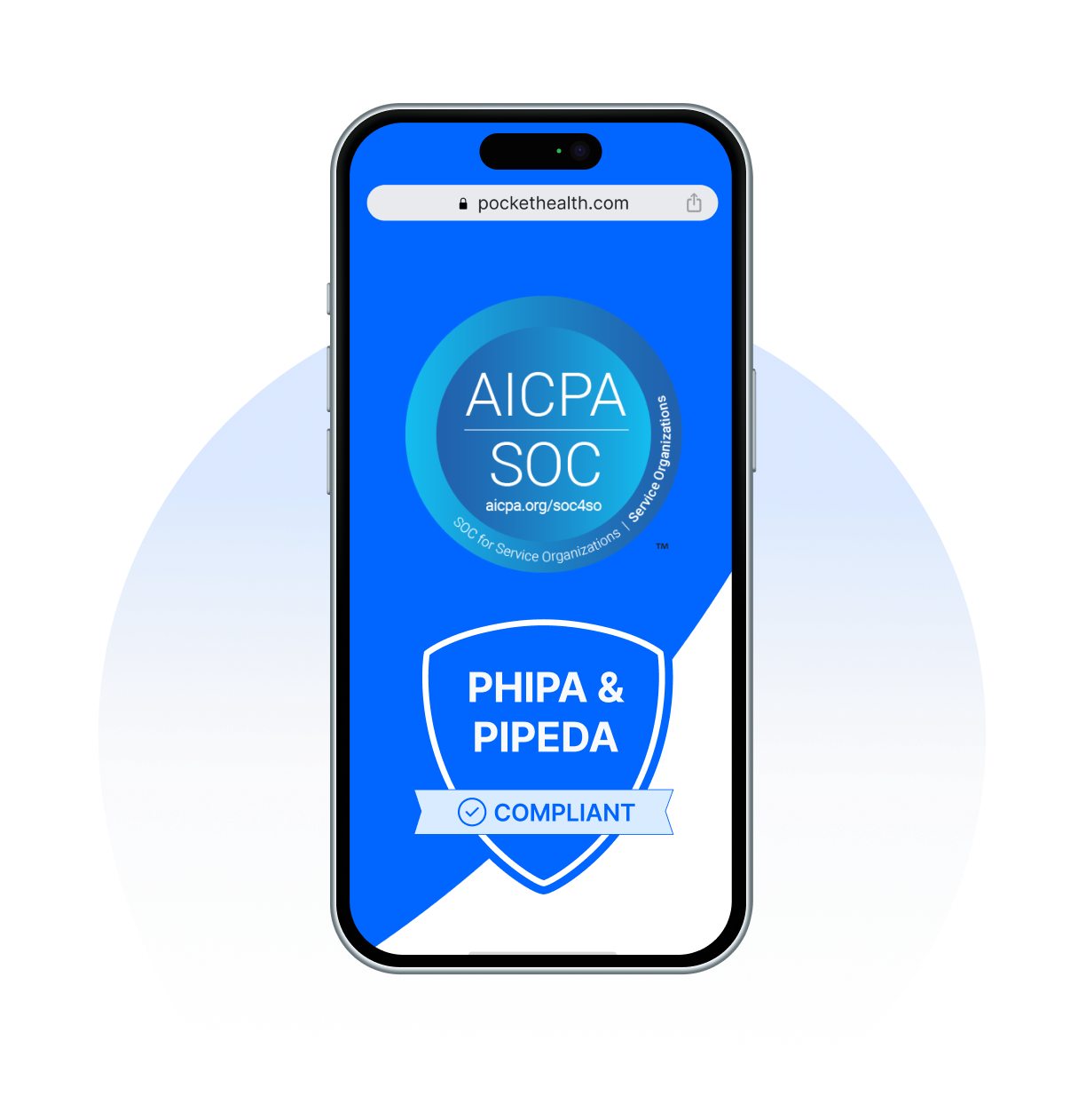 A smartphone screen displays an AICPA SOC logo above a PHIPA and PIPEDA compliant logo.