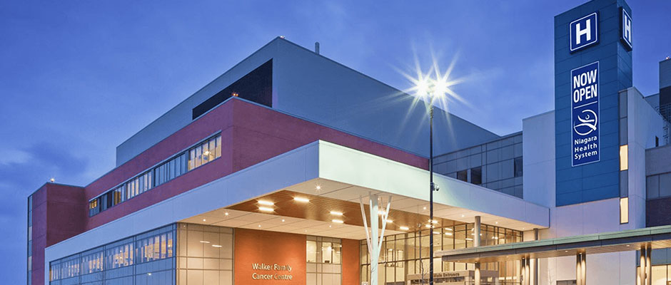 Main entrance of Niagara Health’s Walker Family Cancer Centre.