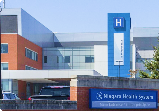 The main entrance of the Niagara Health System hospital.