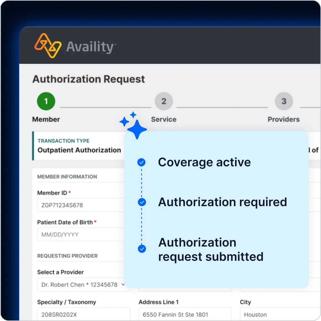 An Availity payer portal authorization request form being filled in with member and requesting provider details