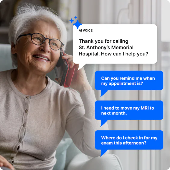 An AI voice answering a hospital phone line with common patient questions beside it, over a photo of a smiling call centre worker