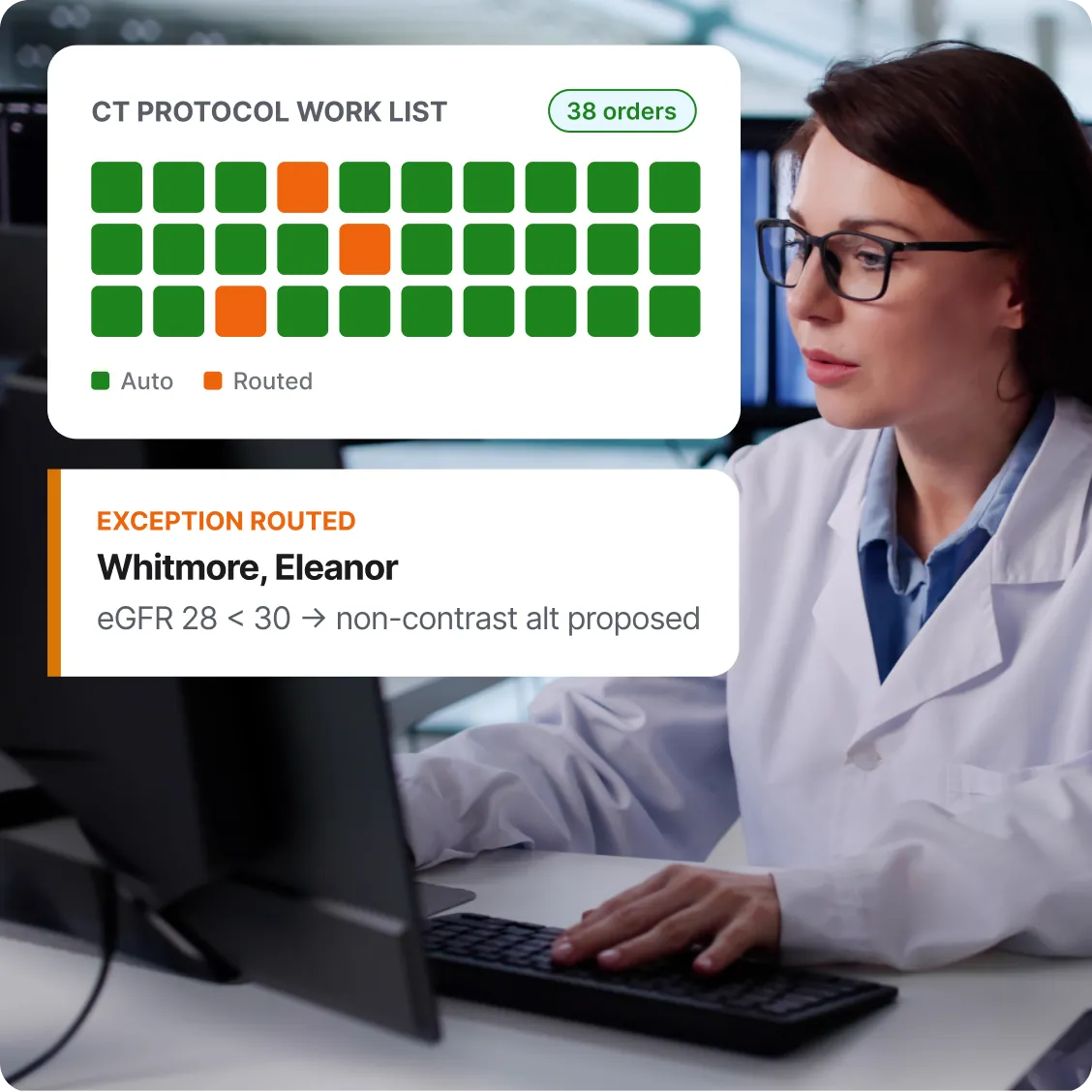 A CT protocol worklist showing automatically protocolled orders and an exception routed for review, over a photo of a radiologist at a workstation