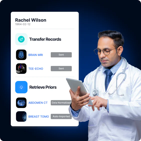 A patient record showing transferred studies and automatically retrieved priors, beside a photo of a clinician reviewing imaging