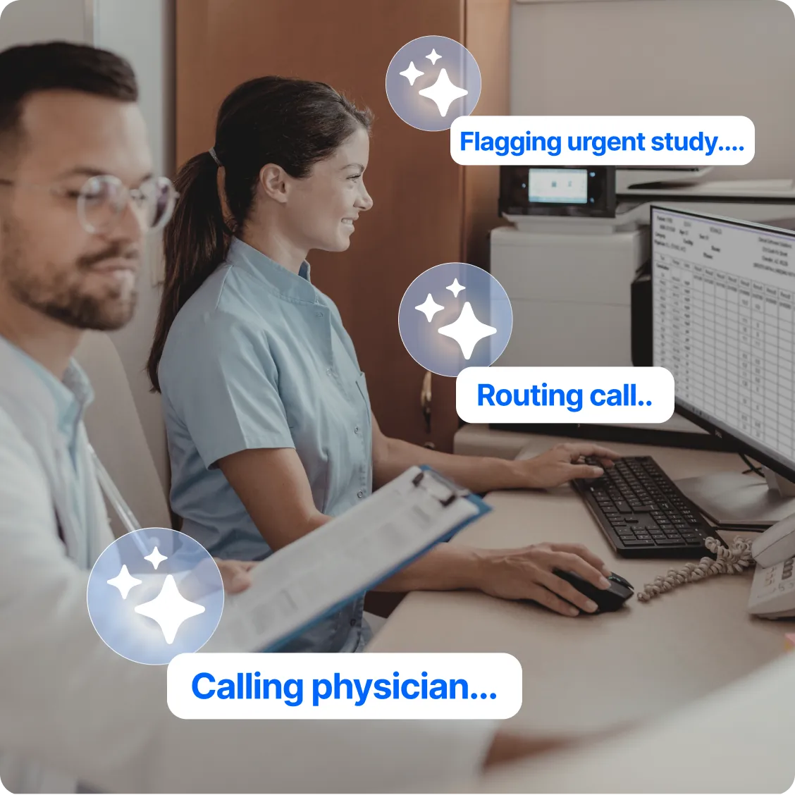 AI status updates for flagging an urgent study, routing a call and calling a physician, over a photo of a radiologist reviewing images
