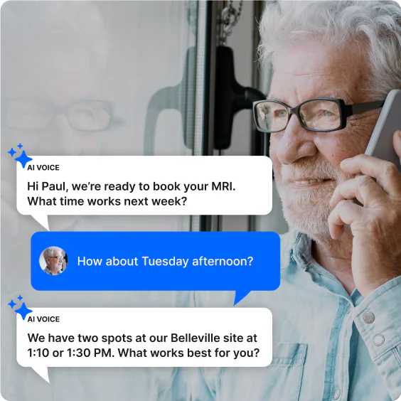 An AI voice conversation booking an MRI appointment with a patient, over a photo of an older man talking on the phone