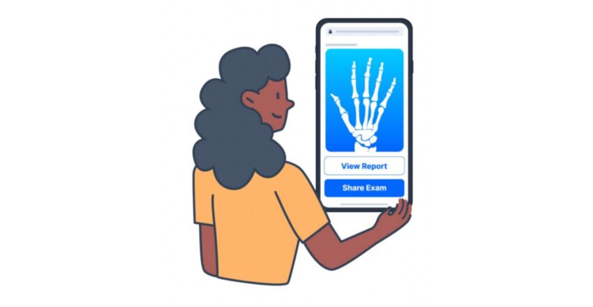 Illustration of woman looking at hand x-ray on mobile device