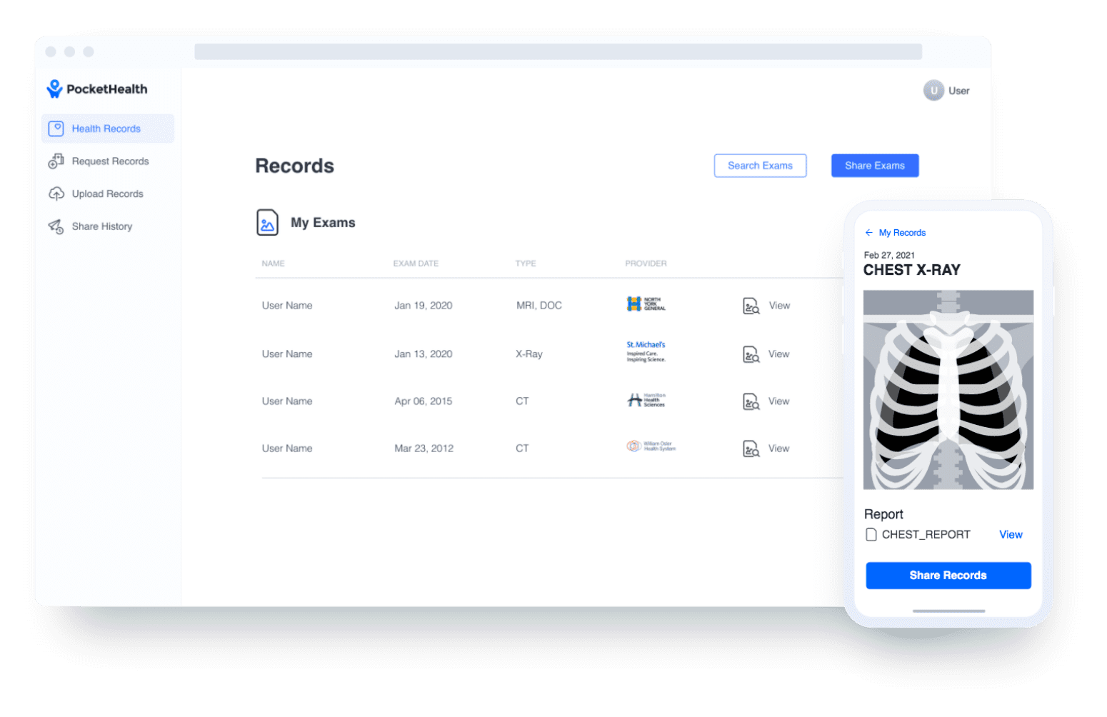 records screen in desktop and chest xray in mobile