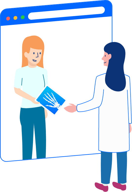 Woman receiving x-ray of hand from doctor through computer screen