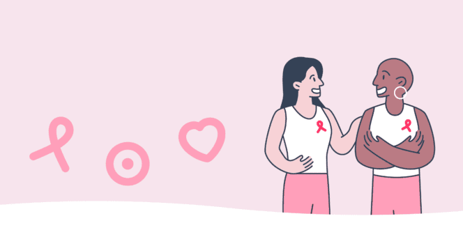 two women talking with breast cancer ribbon