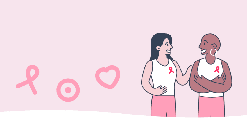 two women talking with breast cancer ribbon