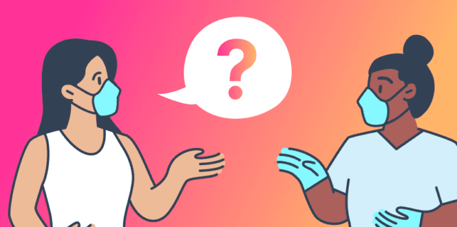 illustration of patient talking to healthcare professional wearing masks