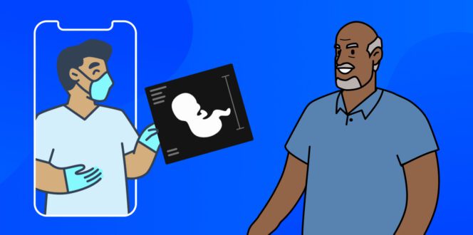 Illustration of healthcare professional handing a sonogram to a father through a mobile screen