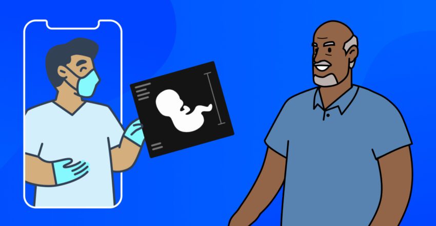 Illustration of healthcare professional handing a sonogram to a father through a mobile screen